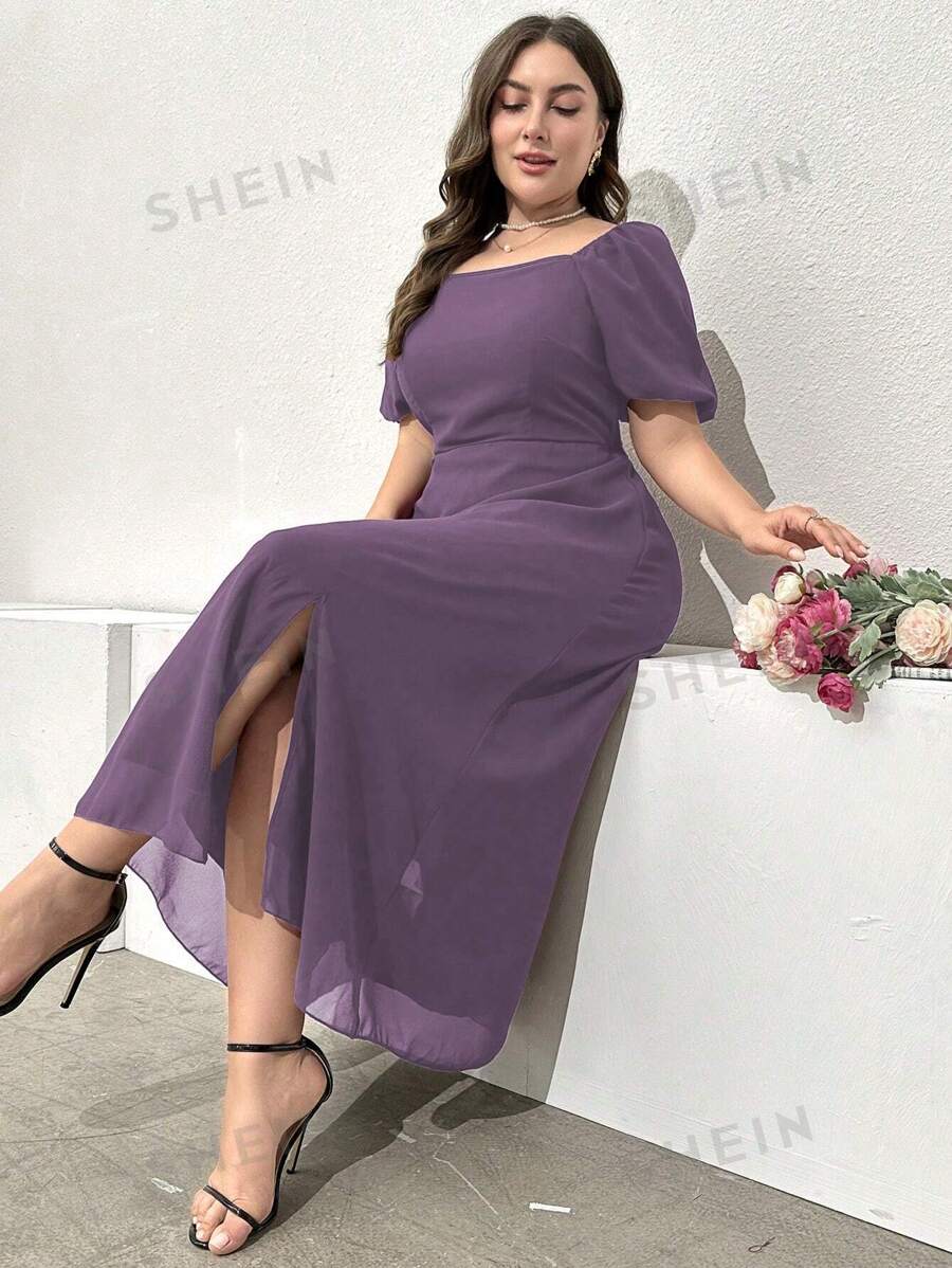 Modelyn Vestido maxi púrpura de talla grande para mujer, de unicolor rojo burdeos, con cuello cuadrado y abertura alta, para el atuendo navideño de mujeres - Morado - Ver 1