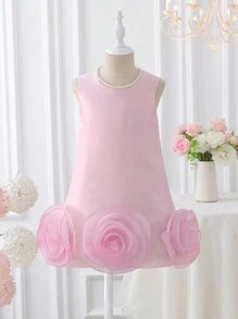 SHEIN Young Girl' Spring/Summer Solid Color Elegant High-End 3D Floral A-Line Dress, Made Of Soft Rose Chiffon Material