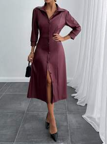 EURMUSE SEIZOENSTRENDKLEUR BORDEAUX LANGE JURK MET DETAILS VOORAAN - Bordeaux - Bekijken 3