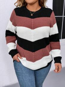 SHEIN LUNE Plus Size Colorblock Striped Casual Knit Sweater, Autumn/Winter Knit Pullover Fall - Multicolor - View 4