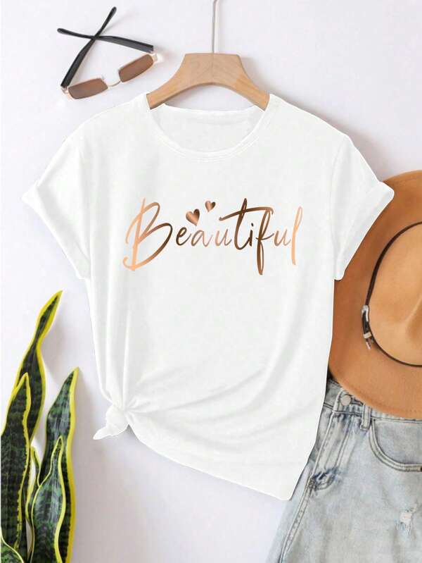 Sparklyn Tween Girl Letter & Heart Print Casual Round Neck Short Sleeve T-Shirt