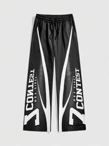 ROMWE MEN Prep Men's Slogan Printed Casual Sports Streetwear Long Pants, Suitable For Spring/Summer - Black - View 2