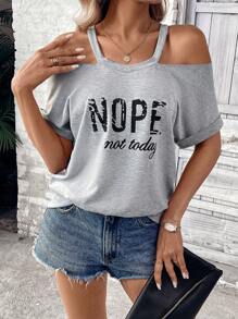SHEIN LUNE Women's Fashion Letter Print Batwing Sleeve V-Neck Batwing Sleeve Loose Casual Sweatshirt Pullover Fall Sweatshirt - Light Grey - View 5