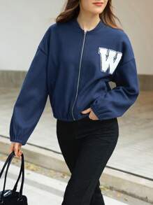 INAWLY Women's Autumn/Winter Letter Embroidered Casual Short Baseball Collar Jacket Fall Cloth For Women - Navy Blue - View 4