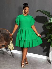 Slaydiva Nuevo vestido verde casual y minimalista con estilo versátil y sencillo, con cuello en V, volantes y parches, corte ajustado y suelto, estilo línea A, adecuado para primavera/verano - Verde - Ver 5