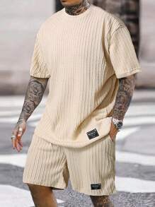 Manfinity Homme Men's Casual Solid Color Textured Short Sleeve T-Shirt And Shorts Set,Going Out - Apricot - View 1