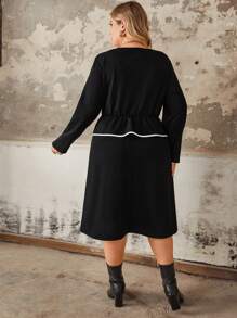 Women's Casual Elegant Knitted Solid Color Round Neck Ruffle Hem Contrast Trim Elastic Waist Plus Size Spring Fitted Knee-Length Dress - Black - View 2