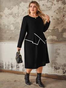 Women's Casual Elegant Knitted Solid Color Round Neck Ruffle Hem Contrast Trim Elastic Waist Plus Size Spring Fitted Knee-Length Dress - Black - View 3