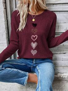 EMERY ROSE Áo thun nữ tay dài cổ tròn trễ vai in hình trái tim, áo thun họa tiết mùa thu cho nữ mùa xuân - Màu đỏ tím - Xem 3