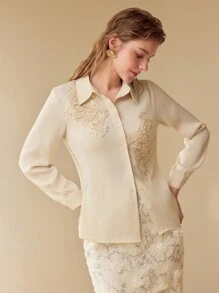 MOTF PREMIUM Camisa abotonada con parches florales - Champán - Ver 1