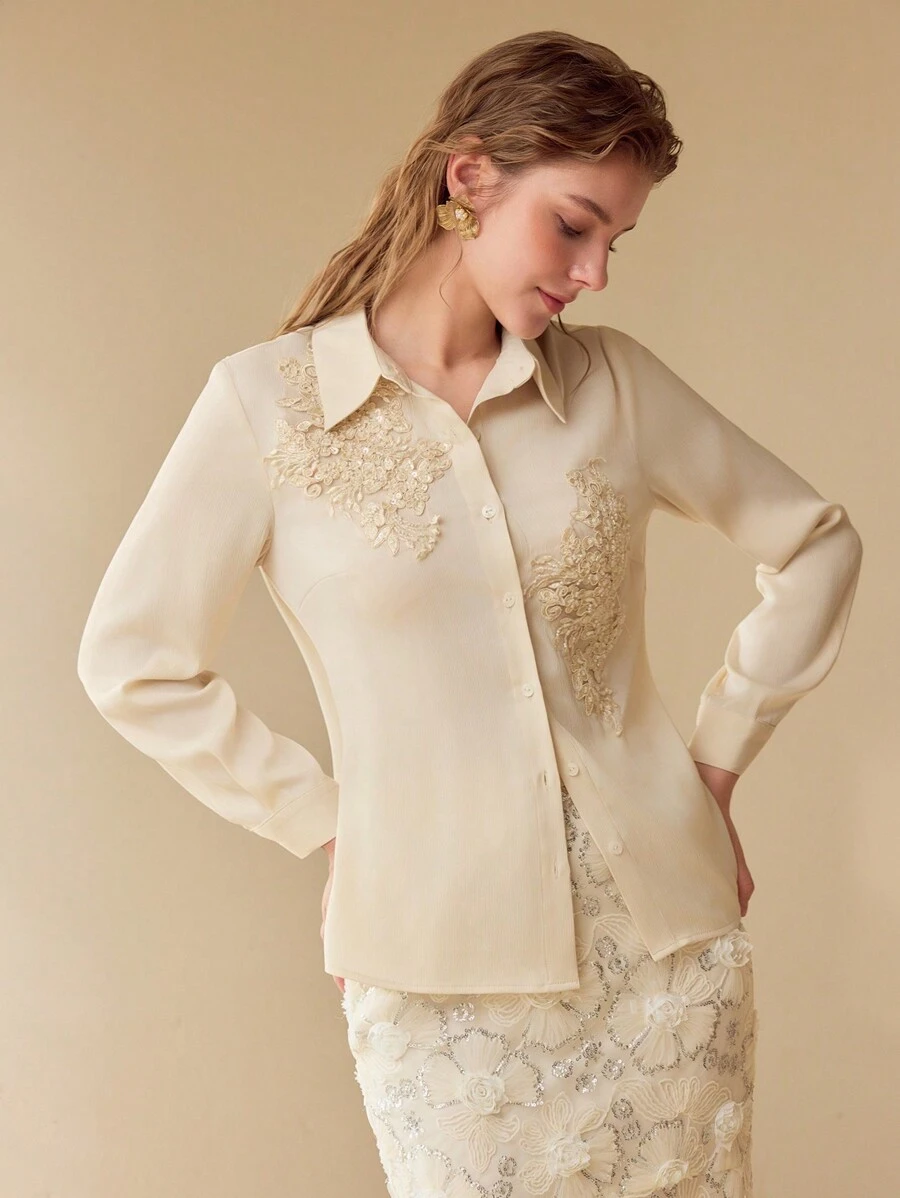 MOTF PREMIUM Camisa abotonada con parches florales - Champán - Ver 1