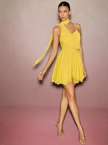 L'Amorae Yellow Summer Mama Mia Night Out Party Women Wrap Front Asymmetrical Cowl Neck Tiered Ruffle Mini Dress,Elegant Formal Wedding Prom Outfit,Vacation - Yellow - View 4