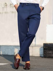 Manfinity Bizformal Men's Business Style Casual Pleated Slim Fit Trousers,Boyfriend Gifts - Navy Blue - View 5