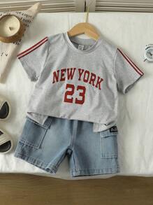 SHEIN Explorewe 2pcs Set Boys Street Style Colorblock Graphic Print T-Shirt Paired With Washed Denim Cargo Shorts, Fashionable Design Suitable For Daily Wear, Travel, Party, Casual Occasions For 4-7 Years Old Boys, Spring/Summer,Holiday,Summer,Travel - Grey - View 7