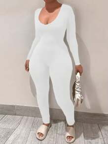 White Women's Slim-Fit Jumpsuit, Minimalist Fashion Casual Everyday Wear