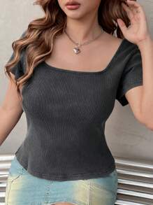 Comfortcana Plus Size Women's Acid Washed Look Vintage Knitted Distressed,Streetwear,Grunge ,Short Sleeve Square Neck Black T-Shirt,College Students,Spring Summer