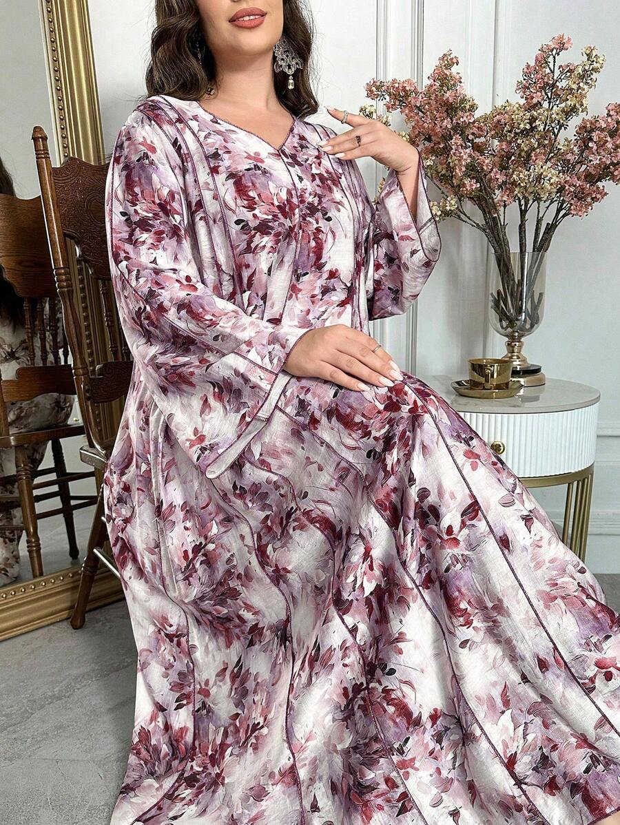 Al Najma 大码女式花卉印花 V 领喇叭袖连衣裙，适合度假，阿拉伯风格 - 彩色 - 查看 1