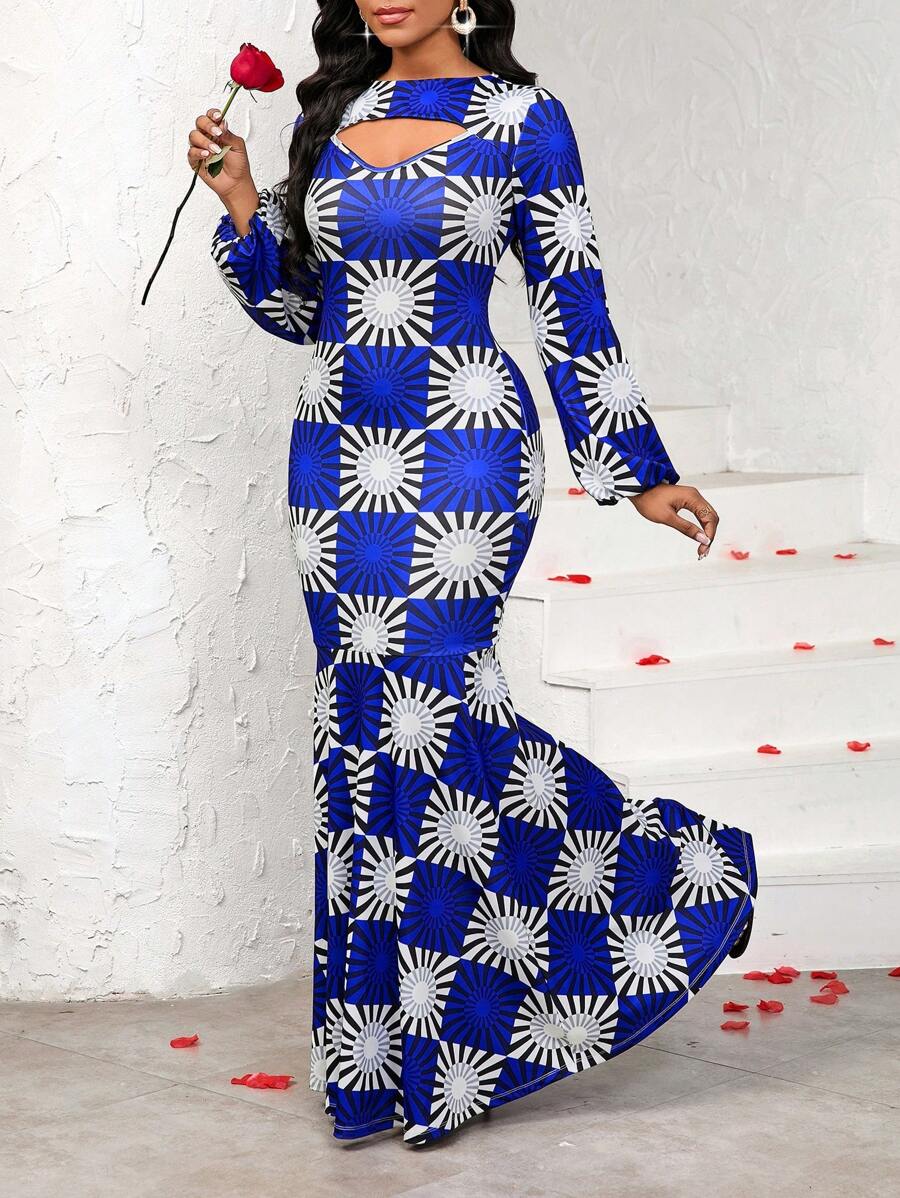 SHEIN Lady Ngày lễ tình nhân/Tiệc năm mới/Đa năng để mặc hàng ngày khi đi làm/Mặc trong mọi mùa Váy maxi in họa tiết châu Phi dáng ôm vừa vặn cho nữ, viền đuôi cá - Nhiều màu - Xem 1