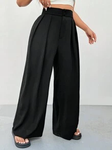 SHEIN EZwear Plus Size Office Women Outfits,Black High Waist Straight Leg Casual Pants, Minimalist & Stylish For Daily Wear,Spring Summer Clothes