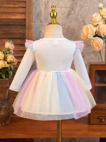 Glamorique Kids Vestido corto lindo con mangas con volantes, estampado de degradado de unicornio y arcoíris, manga larga de gasa, para bebé niña, para principios de primavera