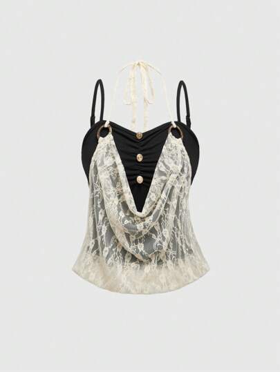 J-Fashion Women's Y2K Gyaru Subculture Harajuku Style 2 In 1 Lace Patchwork Metal Decor Cami Top