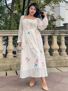 Dazy Petite Plus 加大码印花高领修身长袖拼接连衣裙，白色，春秋季，荷叶边复活节 - 白色 - 查看 7