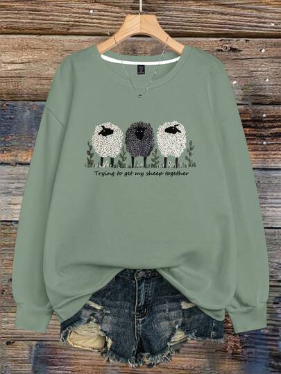 Calvaya Plus Size Women's Sheep Letter Slogan Graphic Print Casual Long Sleeve Round Neck Pullover Sweatshirt,Fall/Winter Graduation,Back To School Outfits,Graduation,Teacher Outfits For Women,Back To School Autumn