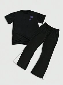 ROMWE MEN Anime Men's T-Shirt Set: Short Sleeve Top And Pants, Minimalist Fashion Casual Everyday Wear - Multicolor - View 2