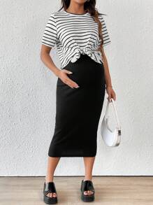 SHEIN Set de 2 piezas de Top de camiseta y Falda con cintura ajustable para Maternidad