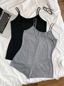 2 Peças Conjunto de Pijama Macaquinho Plus Size com Alças Caneladas