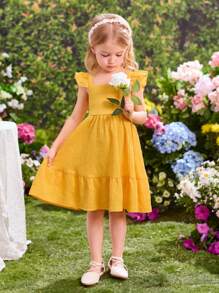 SHEIN Vestido corto amarillo con volantes y mangas cortas para niña, para vacaciones de verano - Amarillo - Ver 5