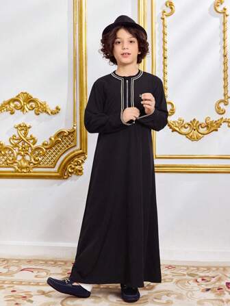 SHEIN Tween Boy' Ramadan Black Traditional Loss Arabian Robe Shirt