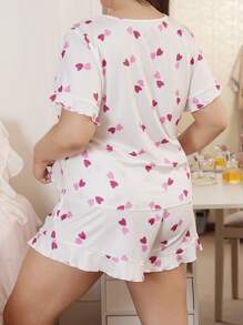 SHEIN Plus Size Heart Print Short Sleeve Shorts Pajama Set - Multicolor - View 2