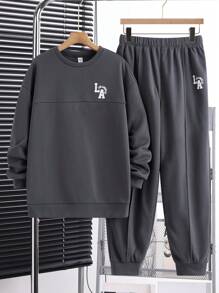 SHEIN Leap Crew 2pcs/Set Teen Boys Casual Letter & English Print Crew Neck Split Patchwork Hoodie And Drawstring Sweatpants Set, Thermal-Lined, Suitable For School Season, Autumn/Winter - Dark Grey - View 1