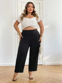SHEIN CURVE+ Women Plus Size Elegant Black Straight-Leg Office Pants