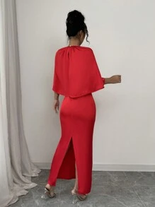 Elenzga Đầm dài cổ tròn 2 trong 1 màu đỏ thanh lịch, thích hợp cho ngày lễ tình nhân - Đỏ - Xem 3