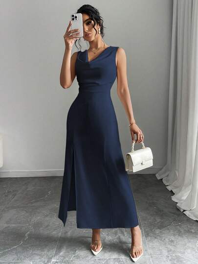 Chiquease Kvinnor Elegant enfärgad V-ringad ärmlös klänning med hög slits, formell aftonklänning, sexig lång klänning, alla hjärtans dag