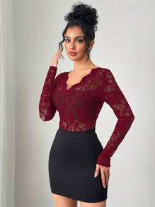 Firerie Women's Elegant & Sexy See-Through Lace Fitted Blouse - Burgundy - View 5