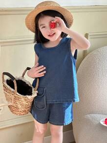 DAZY Young Girl Sleeveless Solid Color Top And Shorts Casual Denim Set, Minimalist And Fashionable For Everyday Wear - Blue - View 1