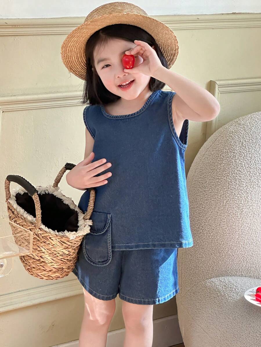 DAZY Young Girl Sleeveless Solid Color Top And Shorts Casual Denim Set, Minimalist And Fashionable For Everyday Wear - Blue - View 1