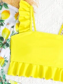 少女柠檬印花比基尼套装（含和服），黄色女孩三件套泳装沙滩装，荷叶边设计，甜美可爱，适合暑假 - 黃色 - 查看 3