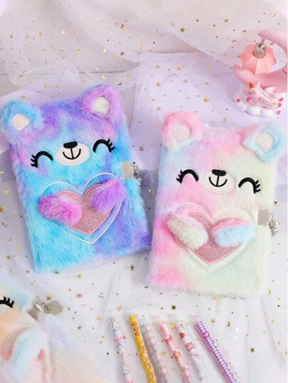 SHEIN 1 件随机款式可爱泰迪熊毛绒笔记本适用于学生、女孩日记本学校、学生、文具、学校用品、男孩日记本