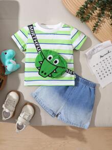 SHEIN 2 piezas Conjunto casual de verano para niño, camiseta de manga corta cuello redondo con estampado de cocodrilo y bolsa a rayas verde, blanco y azul + pantalones cortos de mezclilla de unicolor, cómodo y adecuado para uso diario, escuela, exterior, viajes, hogar, deportes - Azul - Ver 1