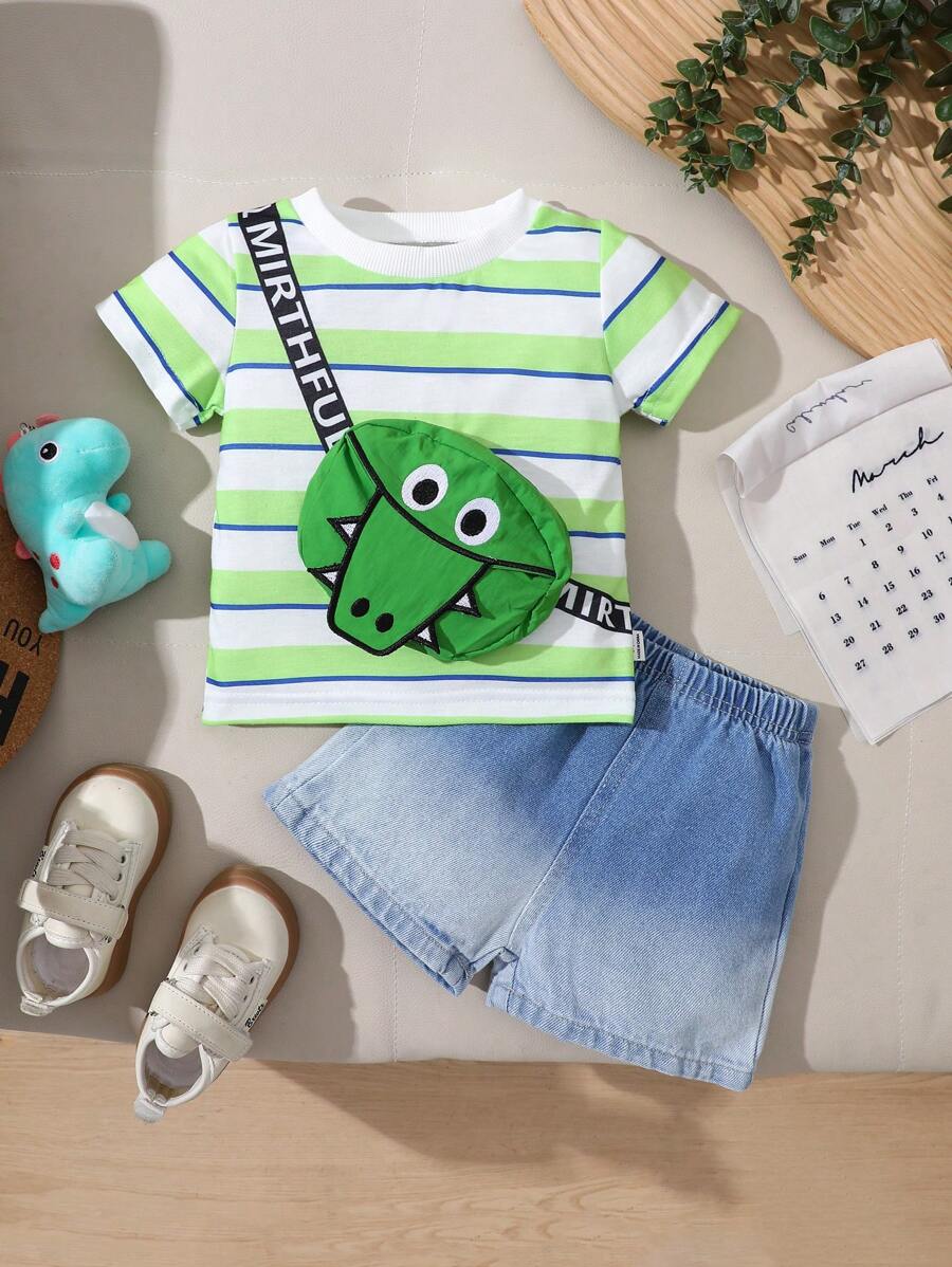SHEIN 2 piezas Conjunto casual de verano para niño, camiseta de manga corta cuello redondo con estampado de cocodrilo y bolsa a rayas verde, blanco y azul + pantalones cortos de mezclilla de unicolor, cómodo y adecuado para uso diario, escuela, exterior, viajes, hogar, deportes - Azul - Ver 1