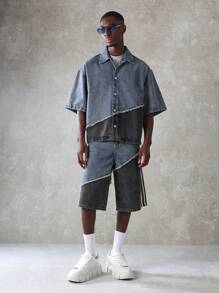 SUMWON Oversized Denim Shirt Button Down Two-Tone Contrast Distressed Raw Edge Detail Streetwear Urban Fashion Long Sleeve Casual Jacket Spring Fall - Multicolor - View 4