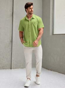 Manfinity Homme Plus Size Men's Solid Color Simple Casual Short Sleeve Shirt - Lime Green - View 3