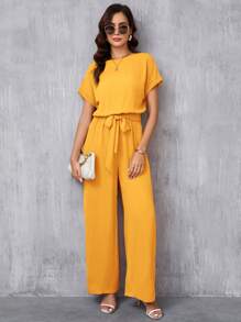 SHEIN Clasi 女士优雅圆领腰带阔腿连体裤 - 黃色 - 查看 4