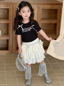 DAZY 2pcs Casual Short Sleeve Tee And Skirt Set, Simple And Fashionable Design For Daily Wear, Young Girls Summer Outfits - Black - View 1