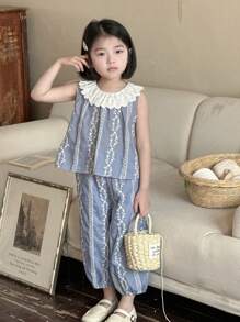 DAZY 2pcs Young Girl Solid Color Patchwork Round Neck Sleeveless Top And Long Pants Set,Girls Summer Outfits