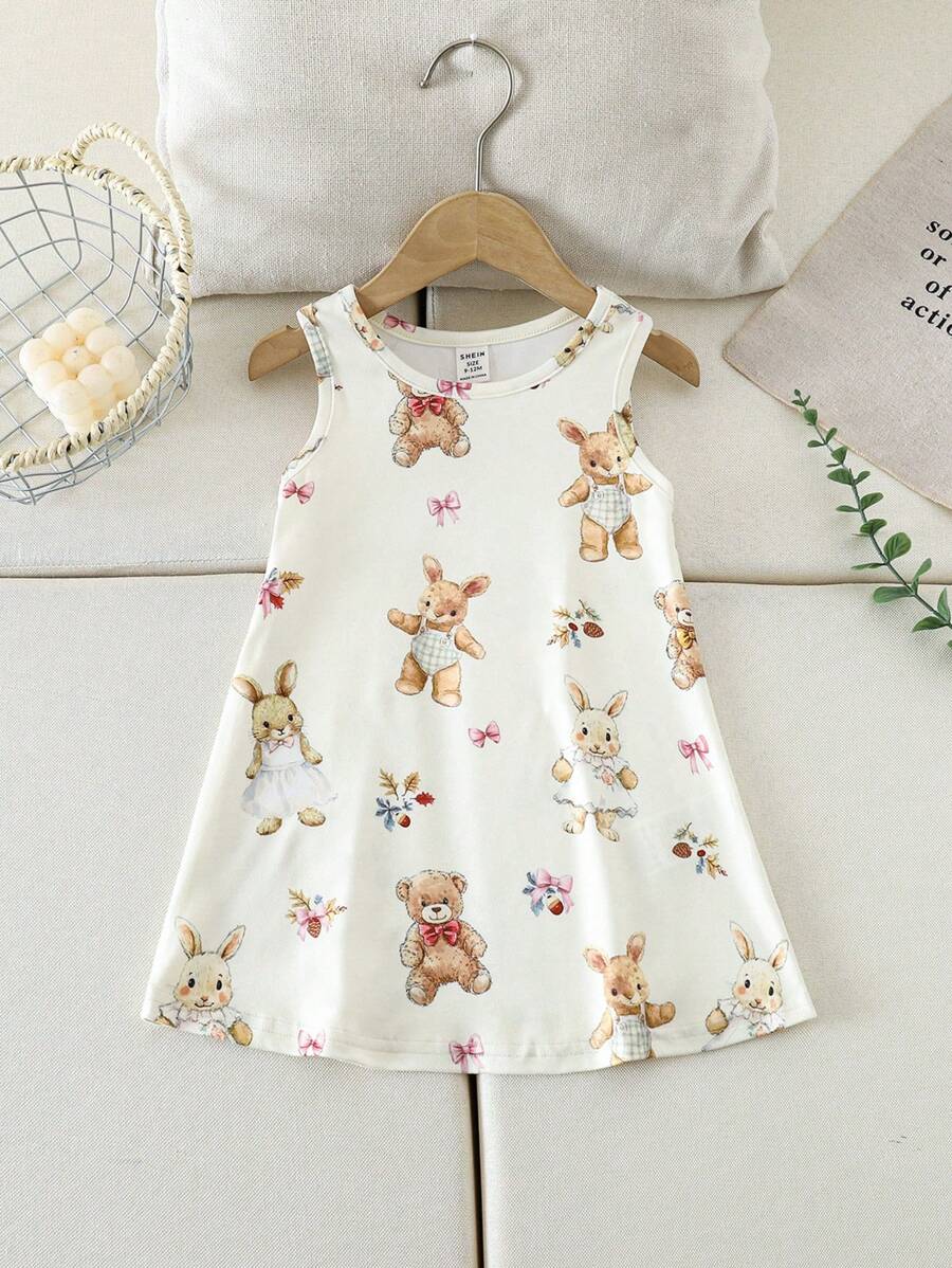 Baby Girl Casual Cute Cartoon Cat Pattern Sleeveless Dress - Multicolor - View 1